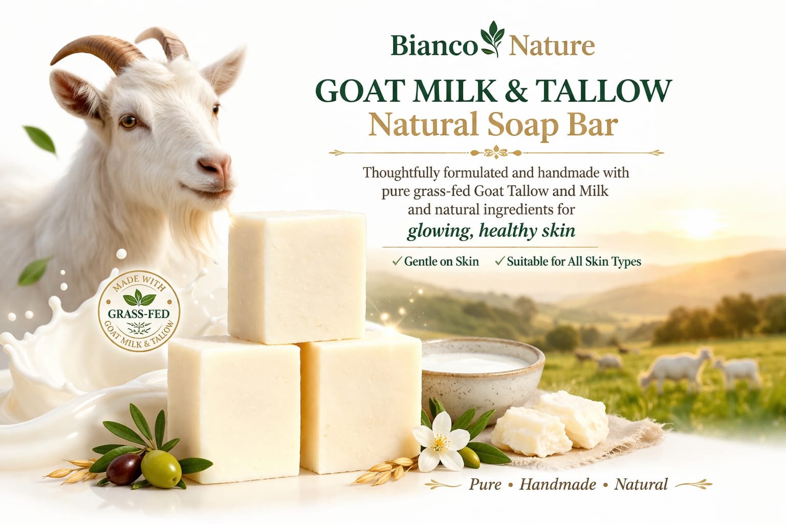 Handmade Organic Pure Grass-fed Goat Tallow & Milk Bar Soap - Unscented 100g